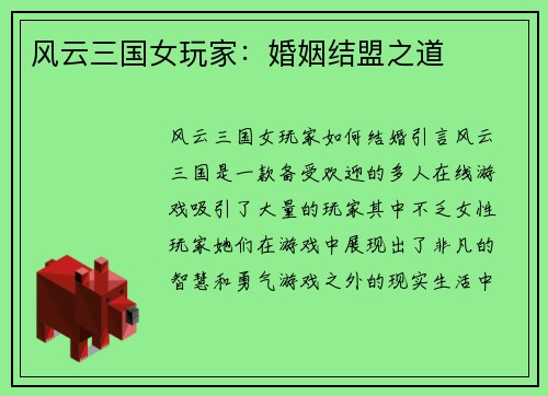 风云三国女玩家：婚姻结盟之道